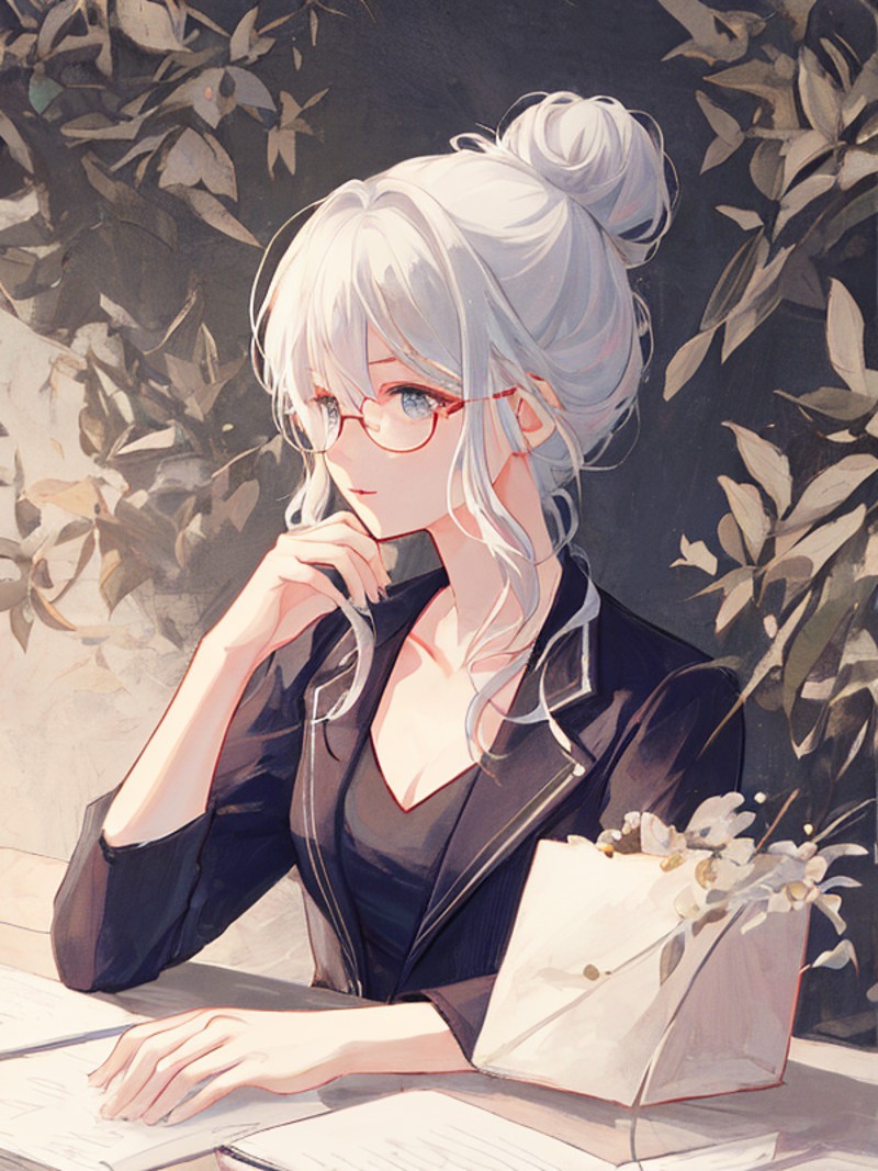 masterpiece,best quality,highly detailed,office lady,white hair,hair bun,collarbone, messy hair, black suit,messy hair,wal...